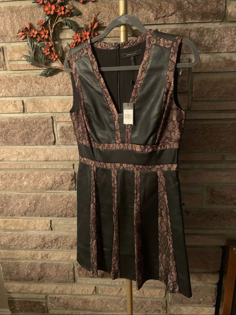 BCBGMaxAzria Black and Rose Lace Inset V-Neck Fit & Flare Dress
